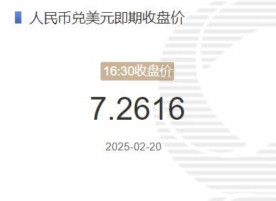 2月20日人民币兑美元即期收盘价报7.2616 较上一交易日上调235个基点(2025年02月20日)